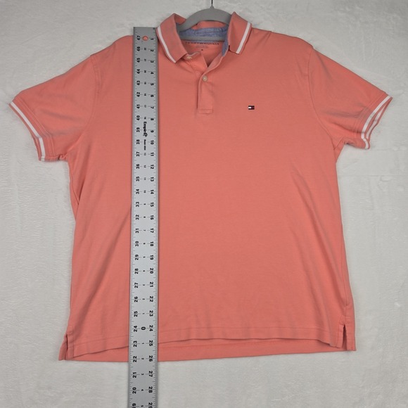 Tommy Hilfiger Men's Orange‎ Pink Polo Size Medium White Piping Logo - Picture 5 of 8